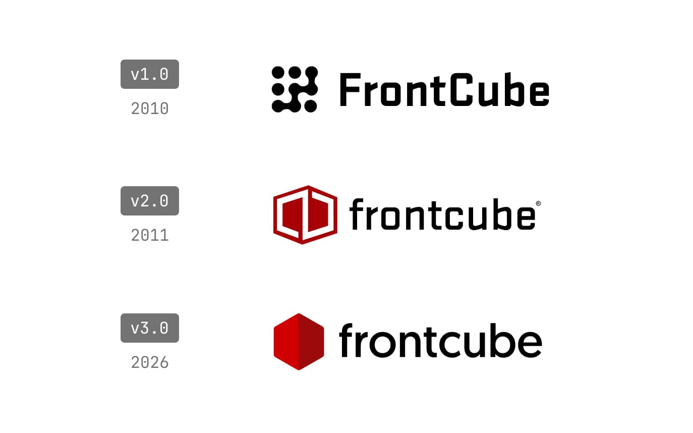 The three Frontcube marks in order: v1.0 (2010), v2.0 (2011), v3.0 (2026)